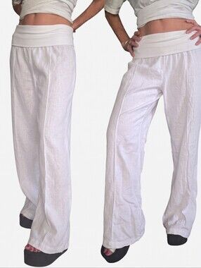 White Linen Foldover Flare Wide Leg Pants Just Living Size S
